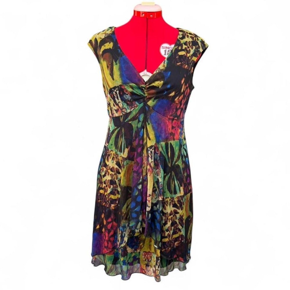 connected apparel y2k multicolor abstract fairy dress v neck mesh layers size 8P